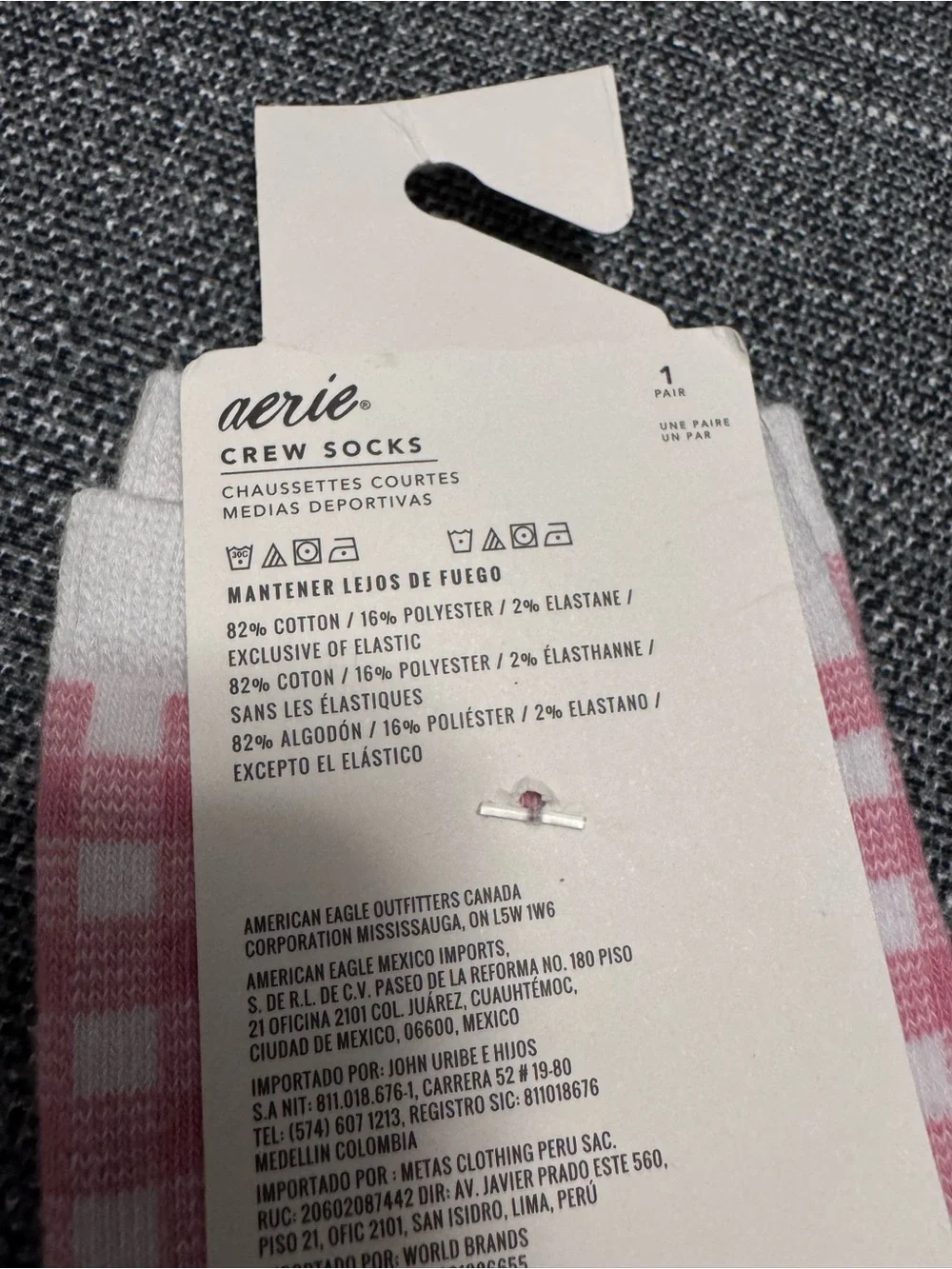 Aerie Pink Gingham Crew Socks with Red Toe and Heel